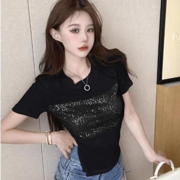 

Сексуальные яркие футболки для женщин, модные футболки, черные с коротким рукавом, круглый вырез, для девочек, топы Y2K, повседневная одежда для клубных вечеринок, сексуальные женские футболки S