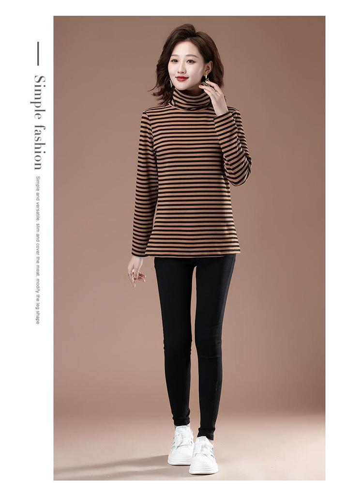 Women's Plush Striped High-Neck Base Layer Top - Long Sleeve, Plus Size, for Autumn/Winter, Middle-Aged Mom, Thick Velvet Inner Layer.