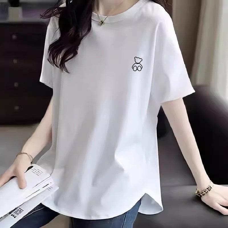 Women's 2025 Summer Cartoon Print White Cotton T-Shirt, Mid-Length, Short Sleeve, Loose Fit