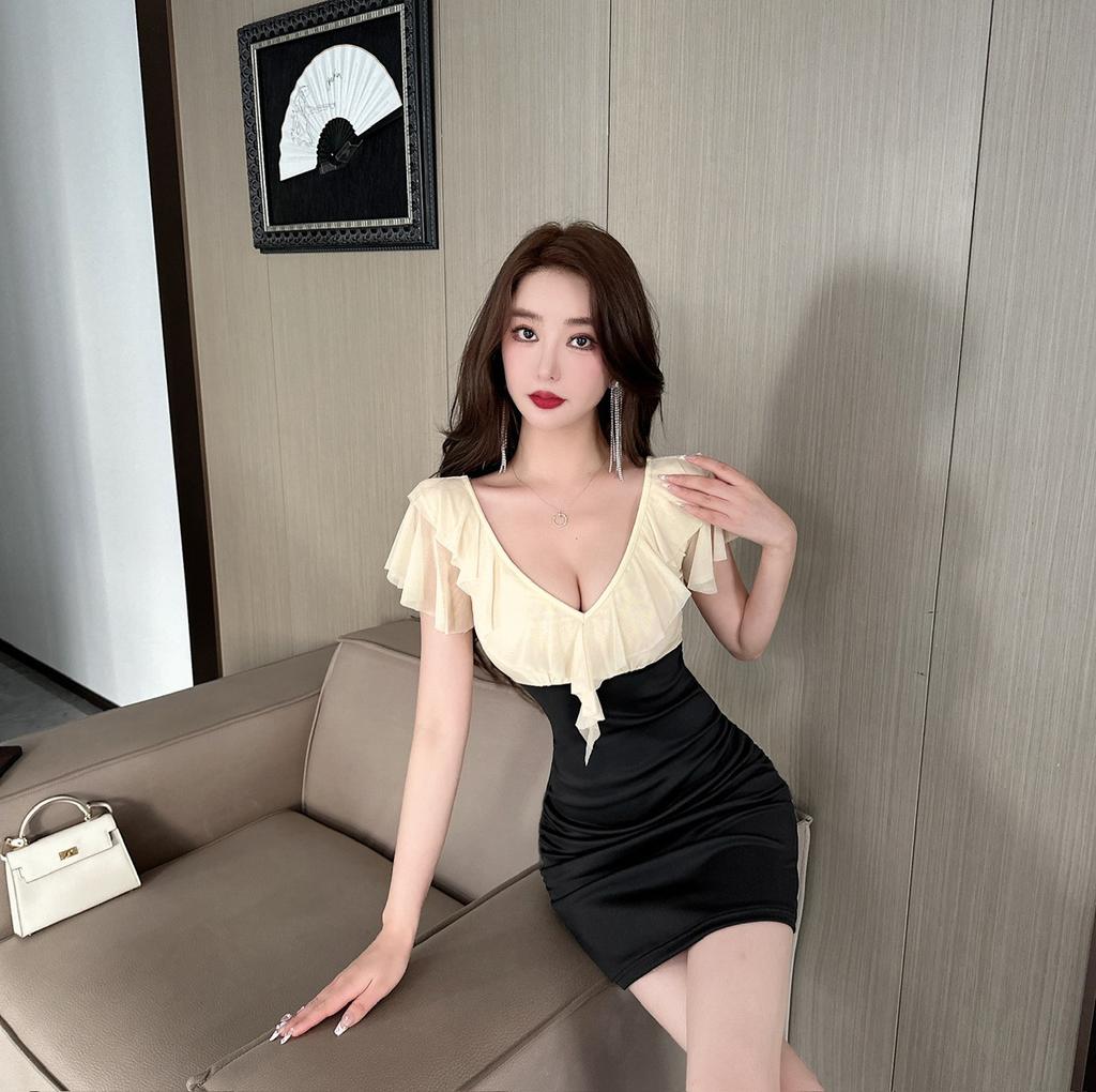 Women's Work Clothing Store Low-cut Sexy Mesh Splicing Lotus Leaf Bottom Short Sleeve Hip Wrap Dress