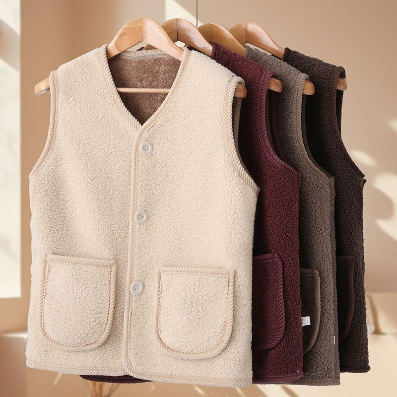Women Autumn Winter Vest Grained Plush Vest Coat Stylish V Neck Fleece Vest Coat for Women with Double Pockets Cardigan for Wear
