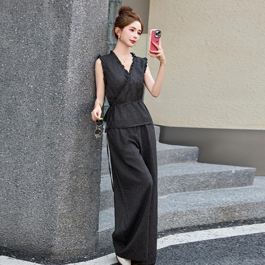 Suit women's summer new design sense fashion temperament thin a whole set of wide-leg pants two-piece set