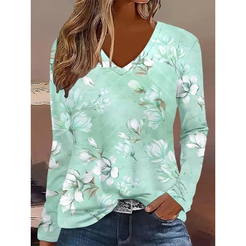 Women's Elegant V-Neck Marble Print Long Sleeve T-Shirt Soft Polyester Great for Autumn and Winter Casual Wear Floral Print Tops