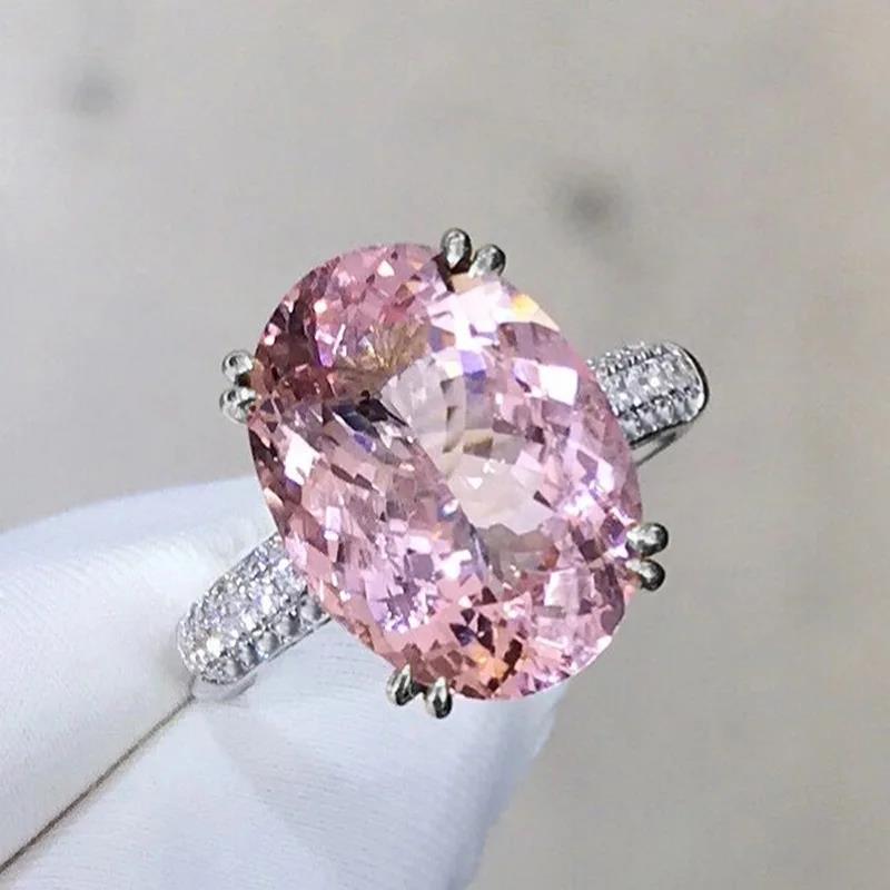 Gorgeous Female Rings 925 Sterling Silver Pink Large Oval Stone Rings for Women Single Row Zircon Wedding Band Jewelry Girl Gift