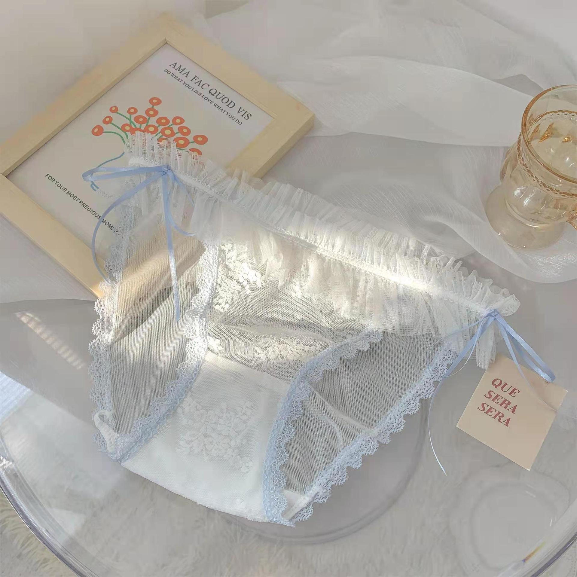 

FINETOO Transparent Sweet Mesh Gaze Flash Sexy Girl Underwear Summer Thin Cool Briefs Lace Cotton Crotch Panties M&1pc білий