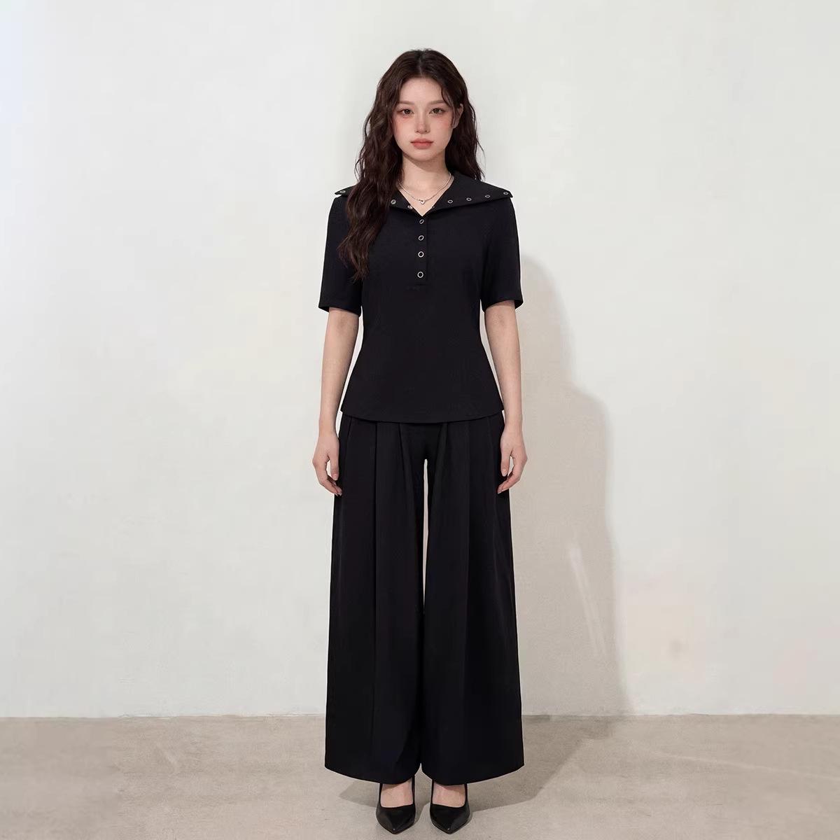

Plus Size Chic American Short Sleeve Polo & Wide Leg Pants Set for Women L