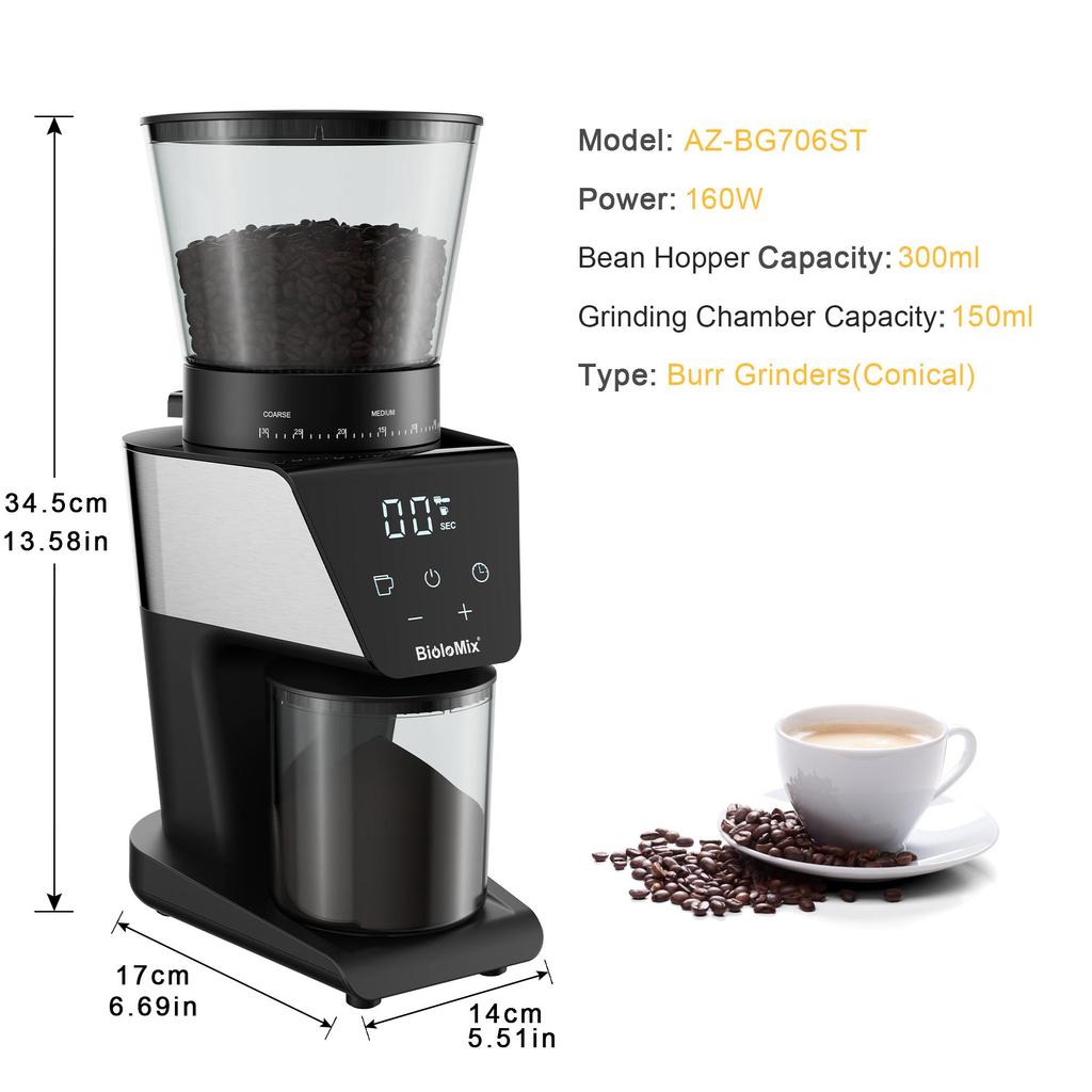 BioloMix AZ-BG706ST Conical Burr Coffee Grinder, 30 Grind Settings, Digital Timer, 300g Hopper