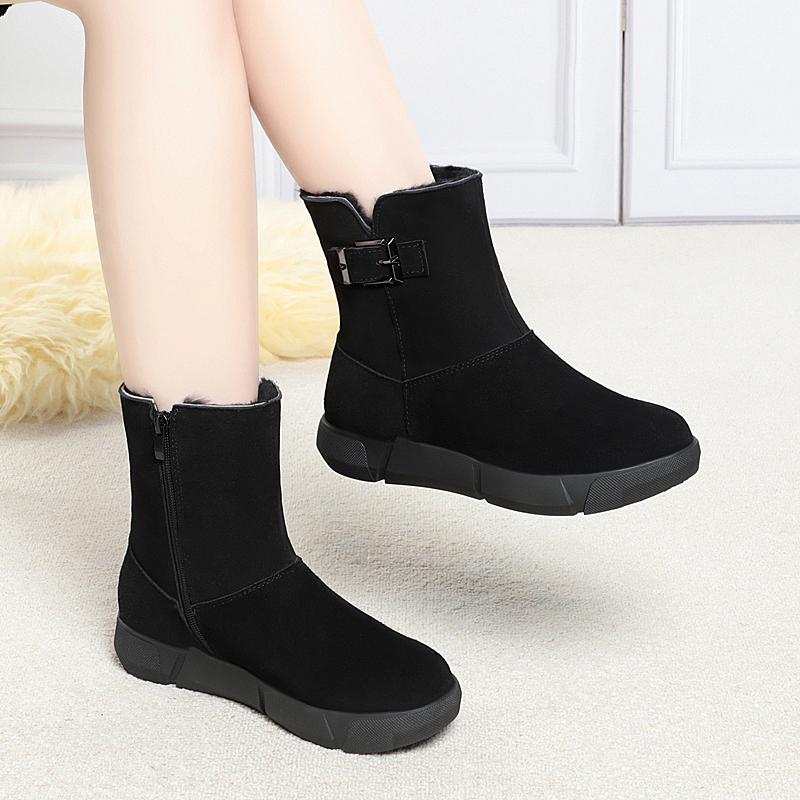 Botas de nieve para mujer, de piel auténtica, de lana natural, botas de invierno para mujer, botines cálidos de cuña de gran tamaño para mujer