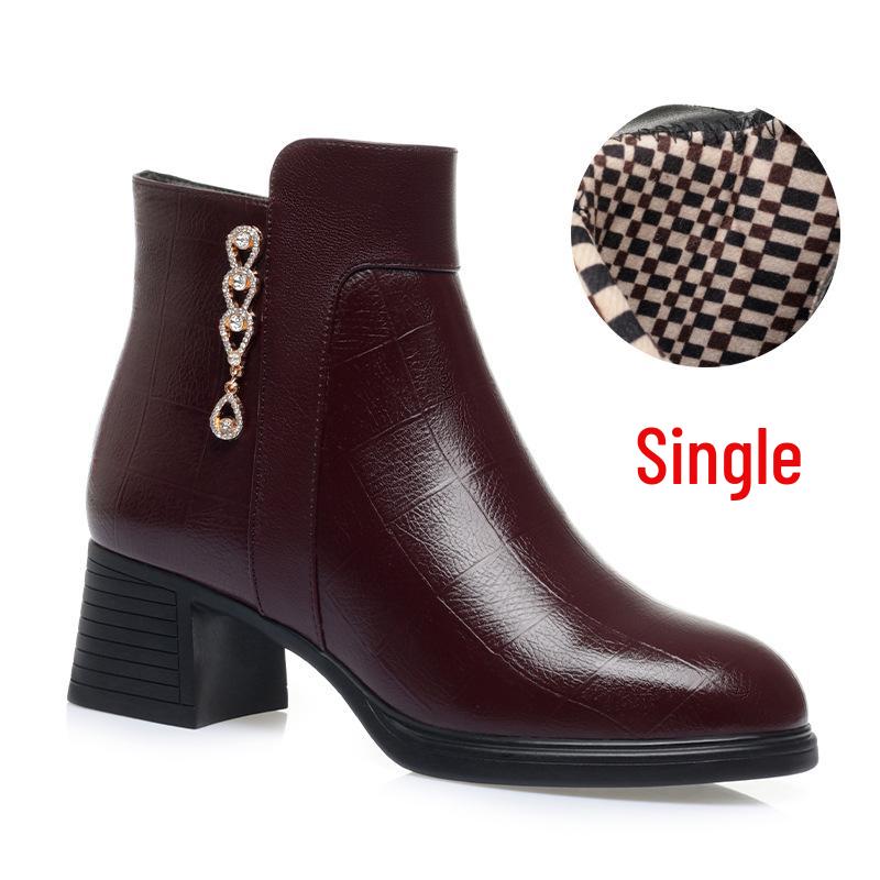 Autumn/Winter 2023 Chunky Heel Ankle Boots - Warm Fleece-Lined Leather Shoes for Middle-Aged Women