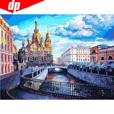 Diamant-Stickerei, Schloss-Landschaft, komplett, rund, 5D-Diamant-Gemälde, Kreuzstich