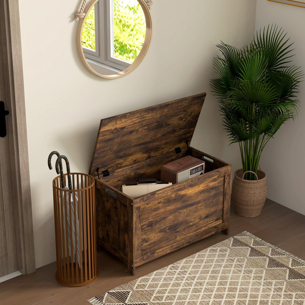 Storage Chest, Modern Storage Trunk with 2 Safety Hinges and Cut-out Handles, Wooden Toy Box for Living Room, Entryway, 76 X 40 X 48 Cm, Rustic Brown