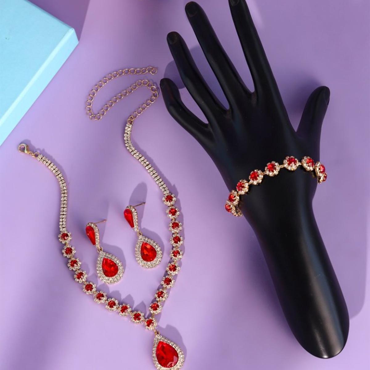 Wedding Bridal Red Crystal Jewelry Set Necklace Earrings Bracelet Teardrop Shiny Rhinestone Design Bridal Party Formal Event Acc