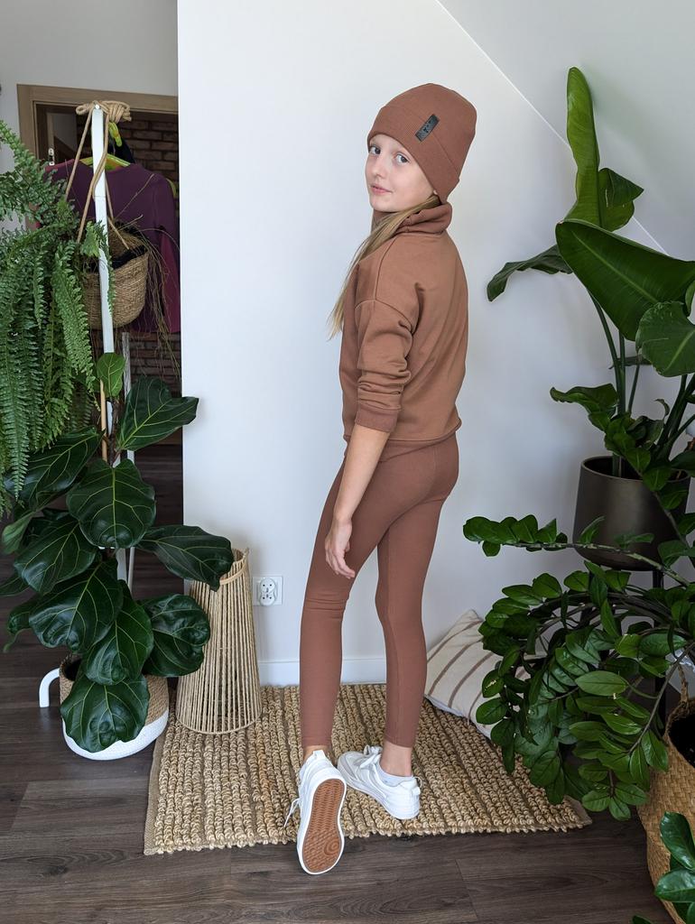 Girls' Ribbed Cotton Leggings, Walnut, Size 128/134