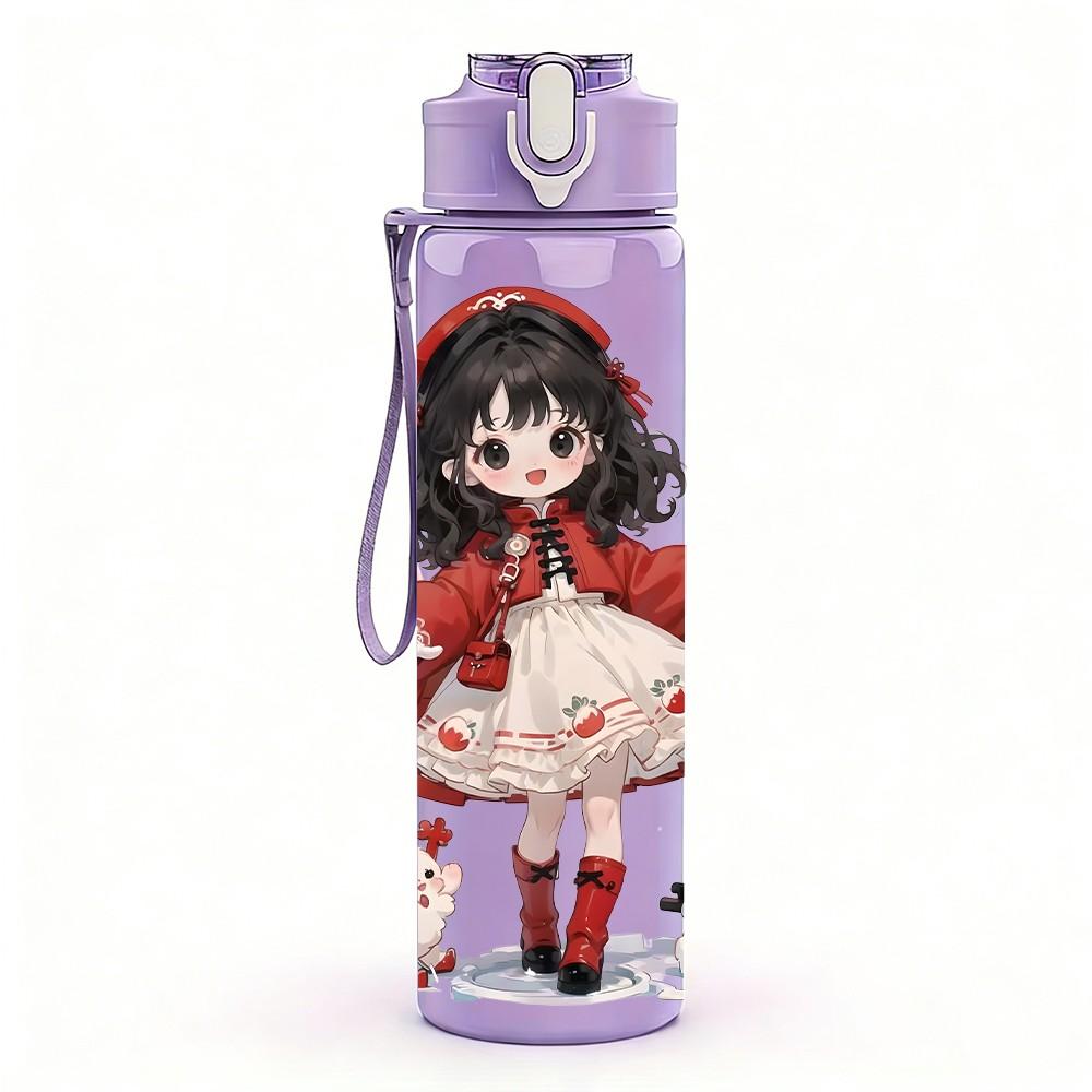1PC Red Cloak Little Girl With Rose Pattern 750ml Color Plastic Sports Water Bottle Leakproof Flip Straw Lid Suitable for Sports Office Home Use