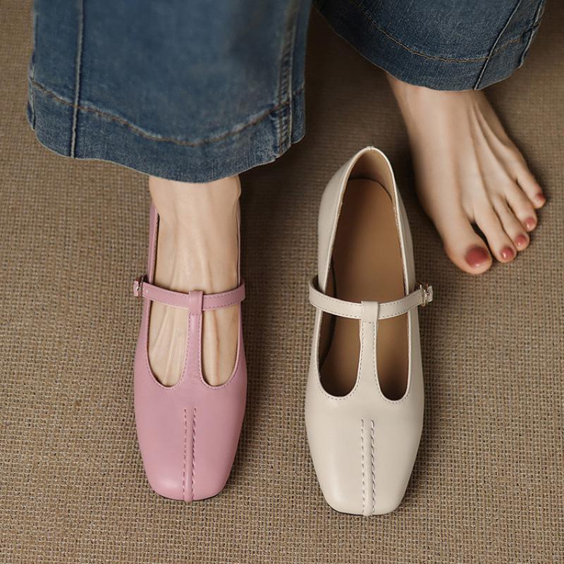 Four Seasons Wear Women's Flat Shoes Casual Square Head Single Shoes Women's Solid Color Low Heel Large Size Shoes Sleeve Square Heel New Women's Shoe