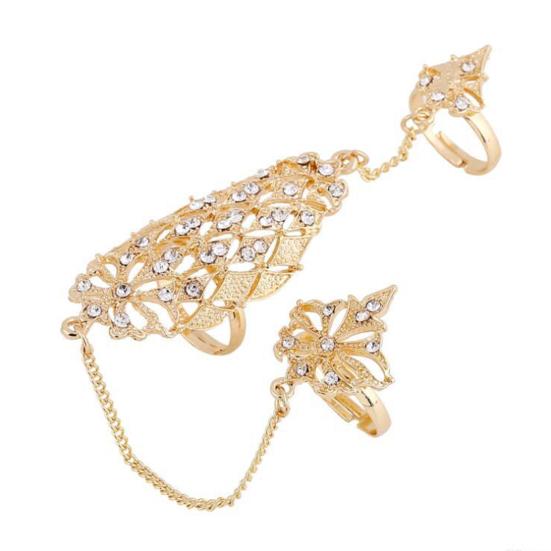 

Открывающееся кольцо, горный хрусталь, встроенный золотой цвет, полый лист, цепочка на два пальца