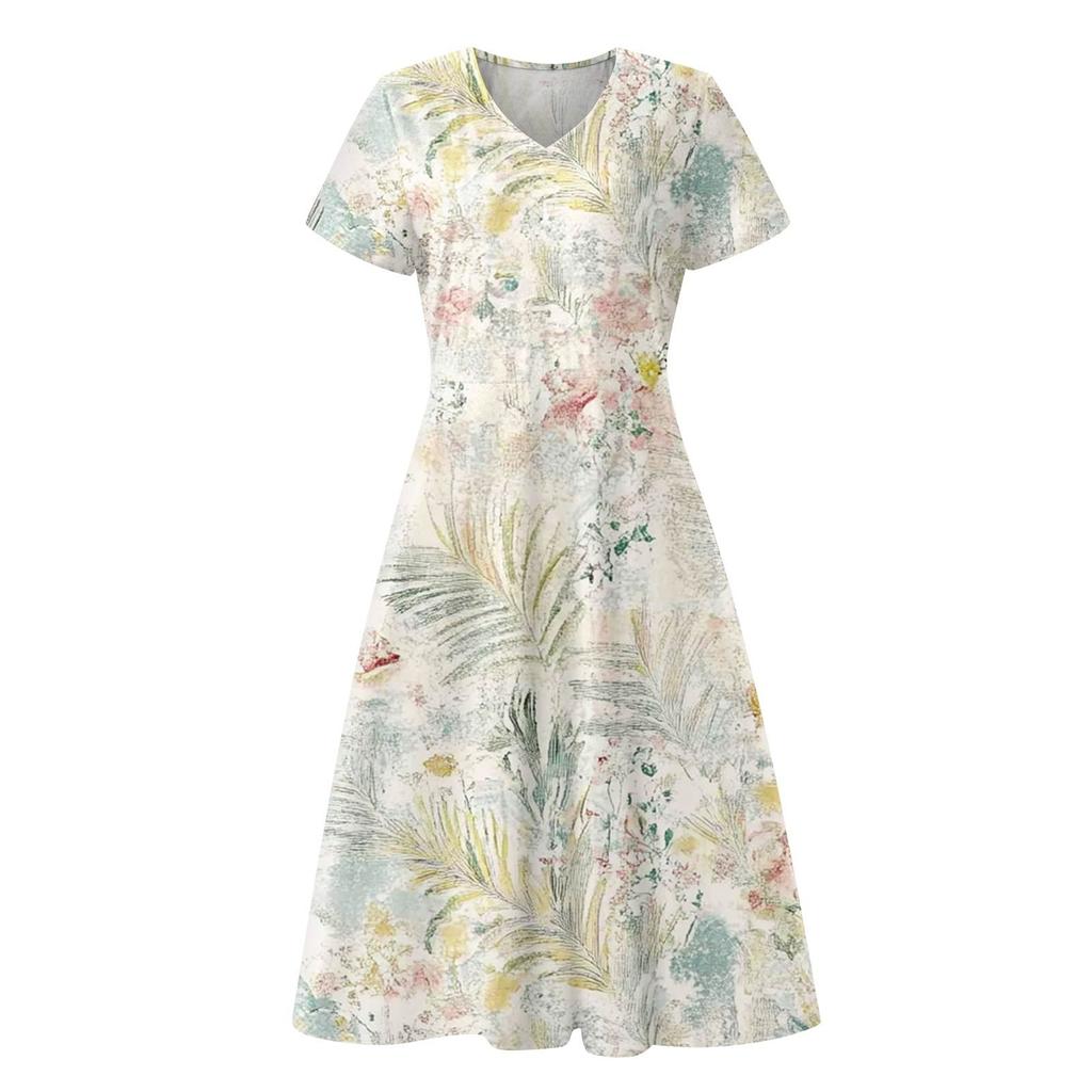Women's Summer Casual Fashion Print Pocket Short Sleeve V-Neck Swing Dress