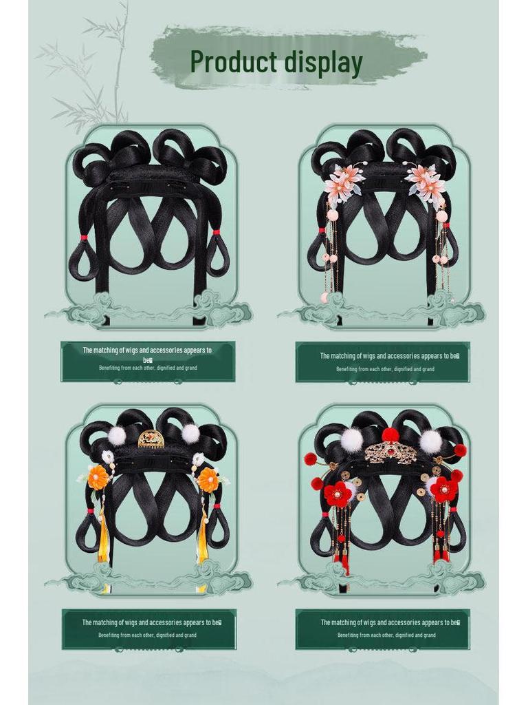 Ancient Hanfu Wig Accessory Set: Sweet Hair Bun with Tassel Flower Headdress for Women