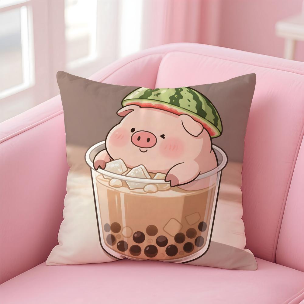 Cute Pig Summer Surprise Cushion Cover Linen Pillowcase Cover Soft Decor for Sofa Home Room