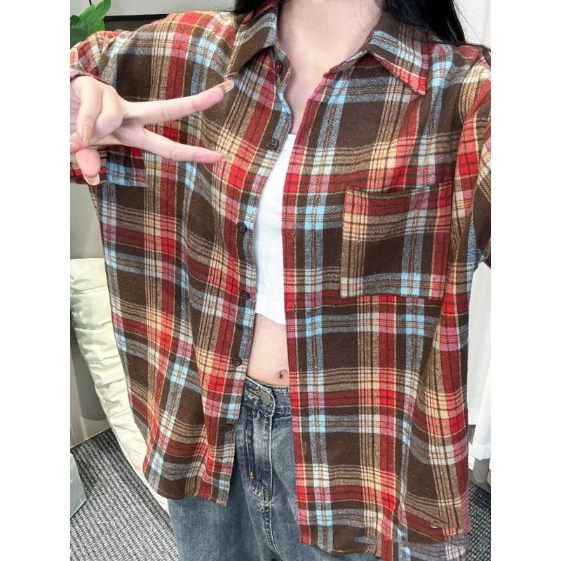 2025 Spring and Autumn New Shirt for Women Korean Version Retro Hong Kong Style POLO Collar Student Plaid Loose Jacket Shirt for Women