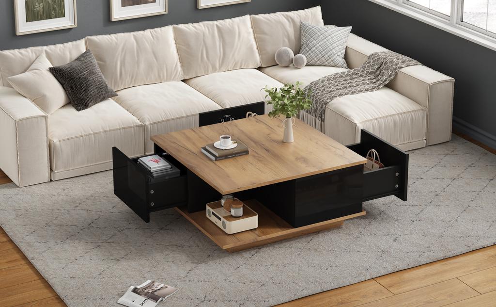 70 x 70 x 31.5cm Coffee Table with 3 Drawers, High-Gloss, Sofa/Side Table, Suitable for Small Rooms, Black + Original Wood Color