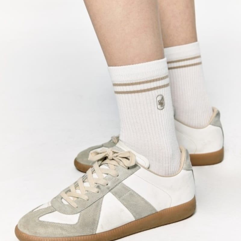 DEPOUND Two Stripe Socks (2P) - Beige/green