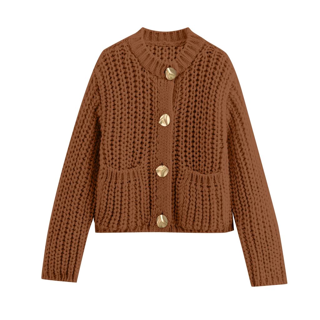 Women's Solid Color Coarse Needle Pocket Button Knit Cardigan Long Sleeved Sweater Jacket