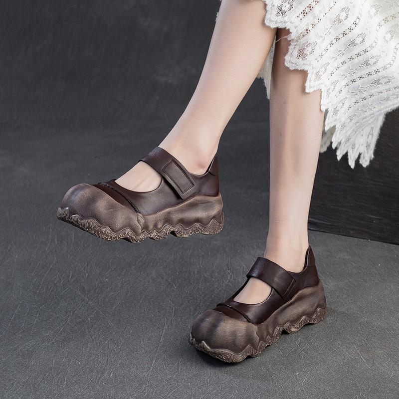 Fashion GKTINOO 2025 Spring/Summer New Retro Round Toe Thick Soled Shoes Genuine Leather Soft Soled Women's Flat Shoes