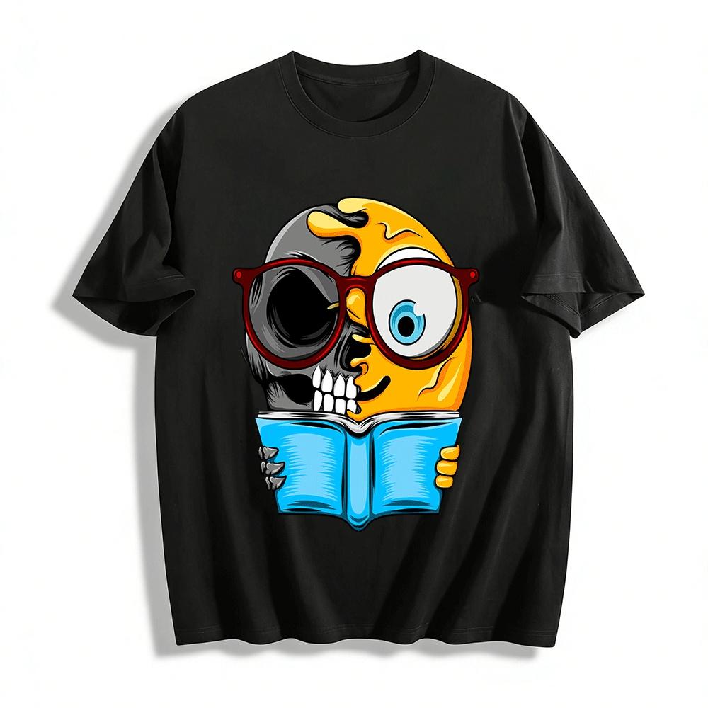 Half Skull Reading Book Graphic Novelty Casual T-Shirt Pure cotton T-shirt