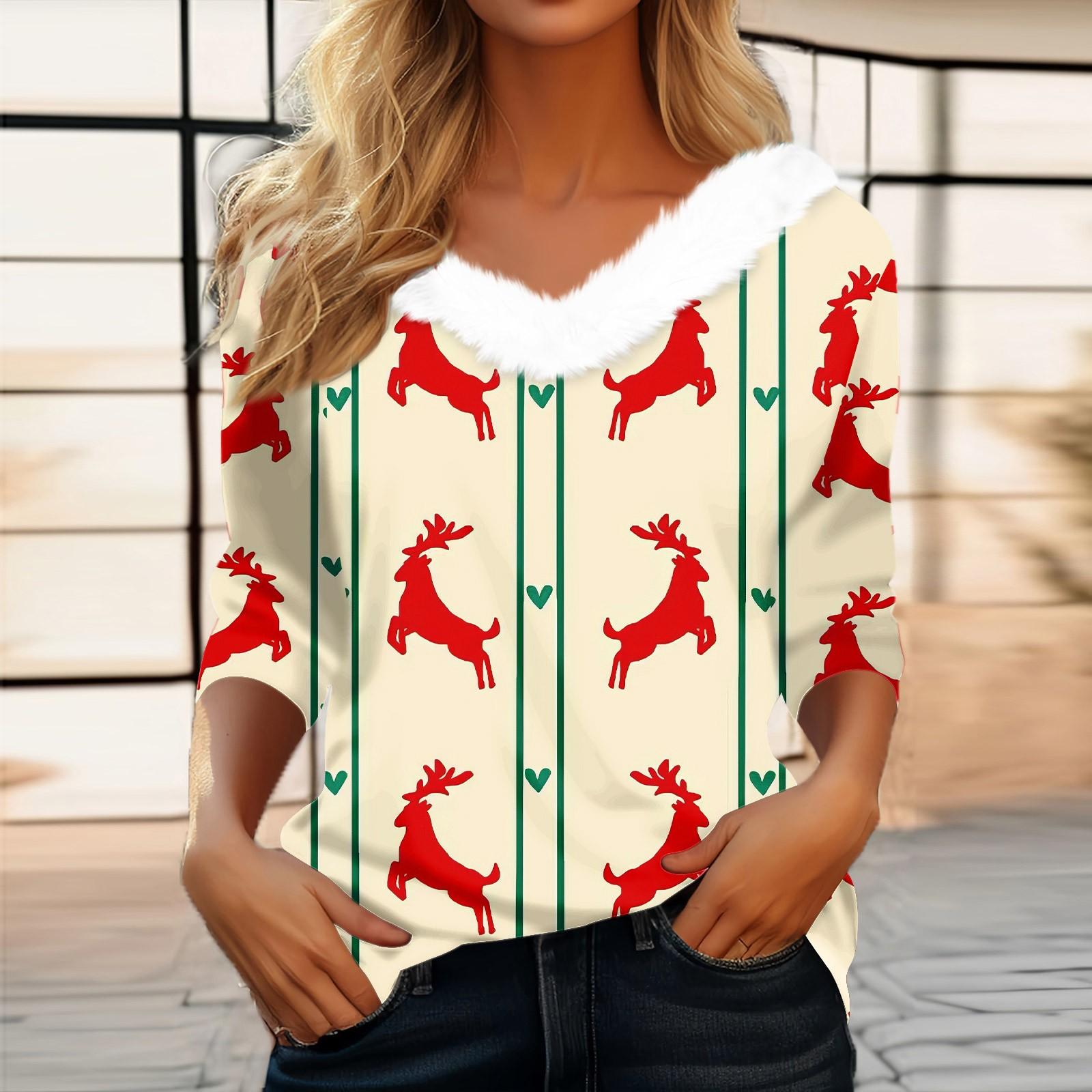 

Жіночий модний топ з різдвяним принтом і коміром з V-подібним вирізом з довгим рукавом L жовтий