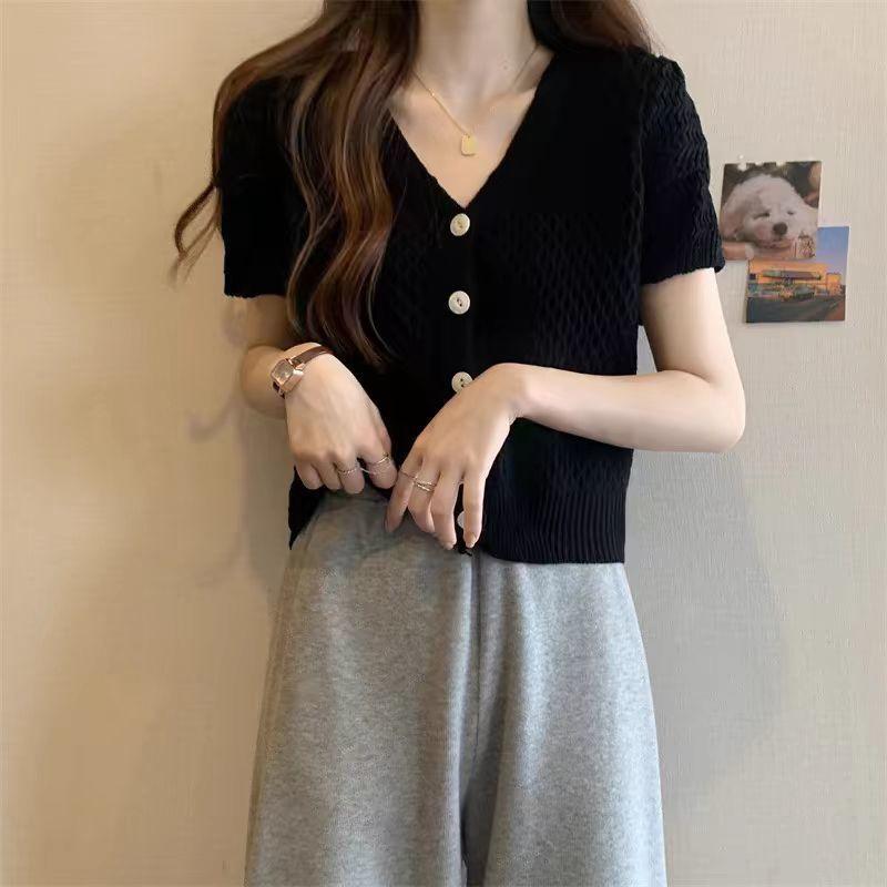 Short Sleeved Knitted Shirt for Summer Women's Clothing Hollowed Out Ice Silk Cardigan for Outerwear
