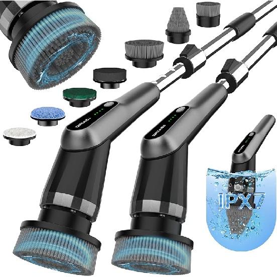 Electric Spin Scrubber, Dreazu IPX7 Bathroom Scrubber with 7 Replaceable Brush Heads & Retractable Handle, 2-Speed Adjustable Shower Cleaner Brush