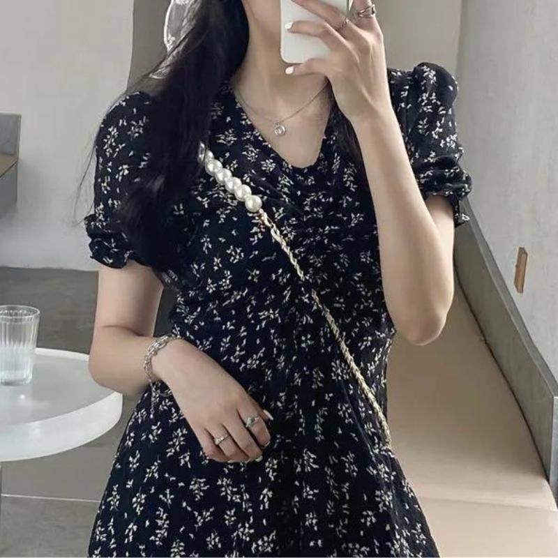 GMXIA Floral Temperament Skirt Small Mid-length Short Sleeve Small Fresh Dress Fairy