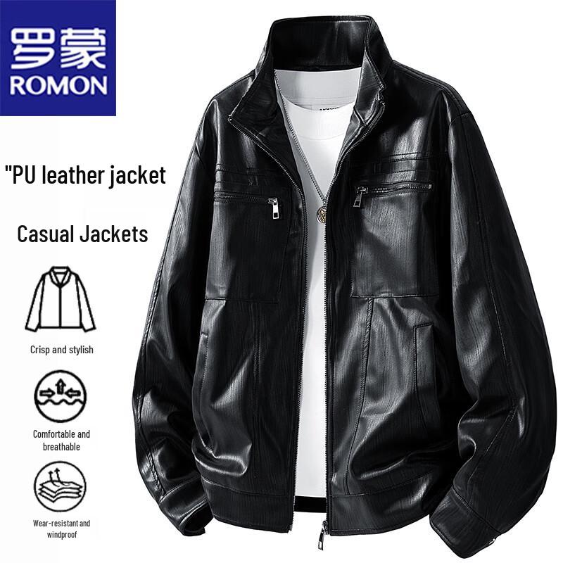 

ROMON Men s Stand Collar Faux Leather Style Jacket 3XL