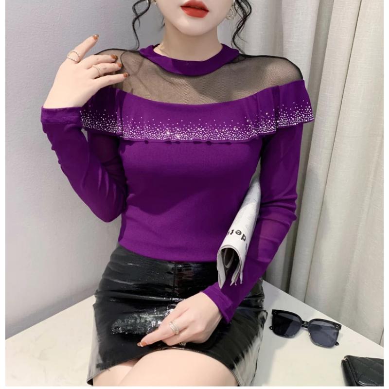 Spring Autumn Long-Sleeved Women's T-shirt Fashion Shiny Ruffles Diamonds Tops Femme Sexy Perspective Mesh Tees Clothes