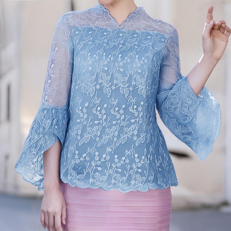 

ZANZEA Женская блузка с V-образным вырезом, повседневная, с рукавом 3/4, с ажурными вставками L синий