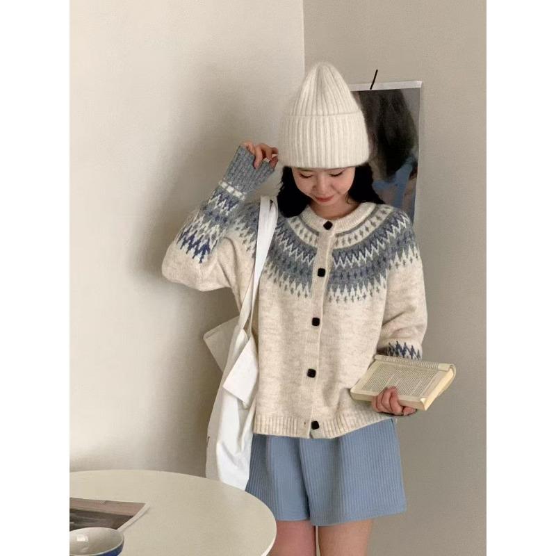 Autumn and winter new Fair Island jacquard retro contrasting color design single-breasted loose long-sleeved knitted jacket