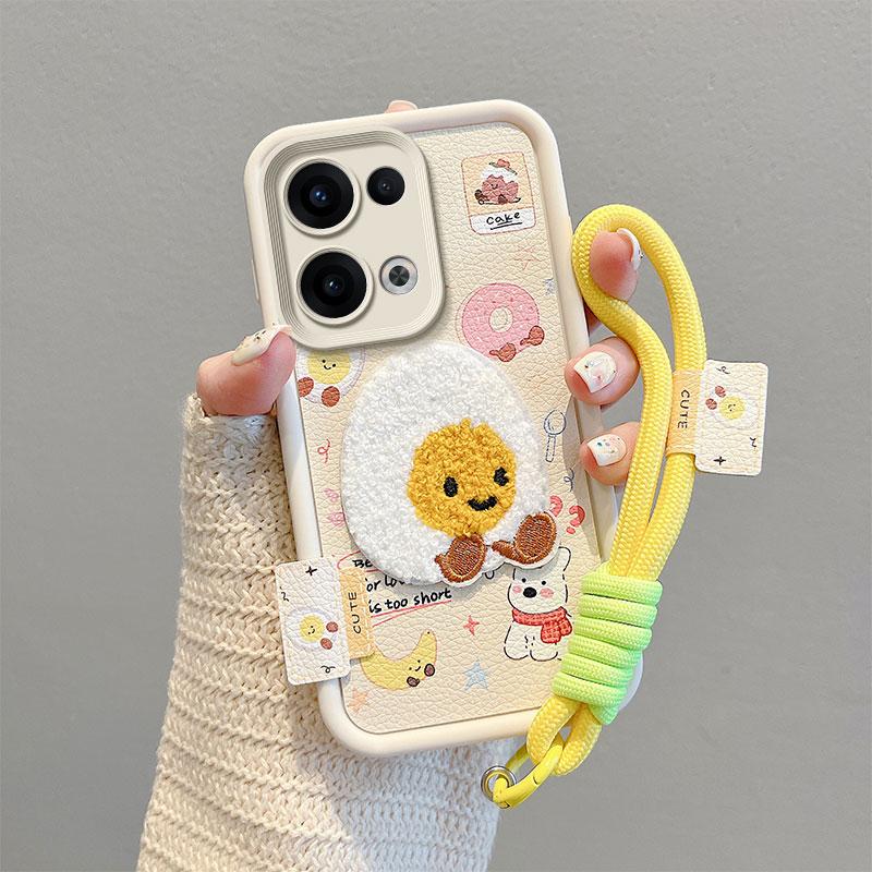 KEYSION Cartoon Cute Plush Embroidery Case for OPPO Reno13 5G with Lanyard Silicone Shockproof Phone Cover for OPPO Reno 13 Pro 5G