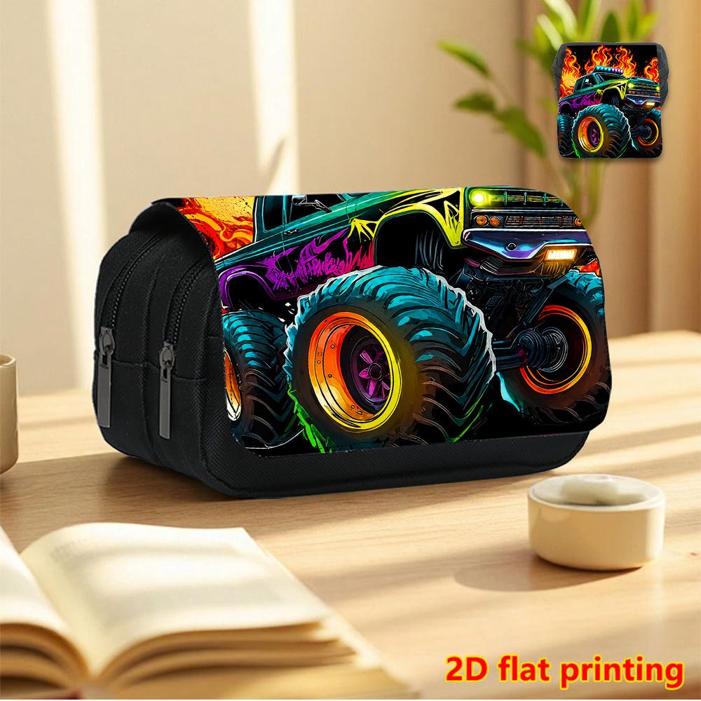 Monster Truck 2D Printed Double-Layer Flip-Top Black Pencil Case - Back-to-School Essential Pencil Box, Daily Multi-Functional Makeup Bag, Large Capac