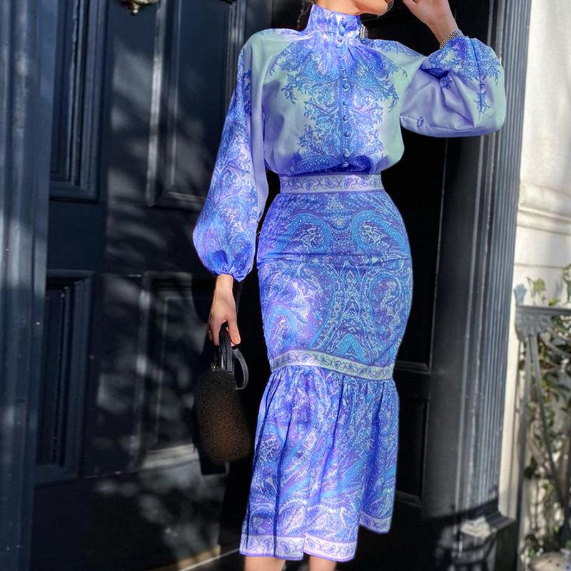 2021 Autumn New Bohemian Print Long-sleeved Top + Long Skirt Suit Women