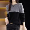 Women's Color Block Wool Sweater: Stylish Round Neck Loose Knit for Autumn & Winter