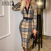 Spring Autumn Fashion Checkered V-neck, Body-hugging, Long-sleeved and Sexy Dress for Women