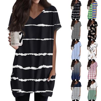 Womens Tops V-neck Short Sleeve Blouses Casual Mid-length Shirts Fashion Print Tunic Tops With Pockets