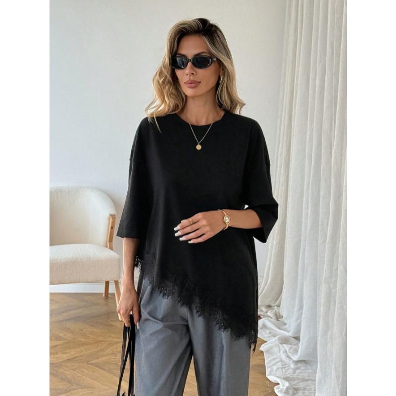 New Slanted Bottom Lace Splicing Short Sleeve T-shirt Sweet Irregular Top for Women Solid O Neck Loose Elegant Fashion Casual Office Blouse Basic Tees