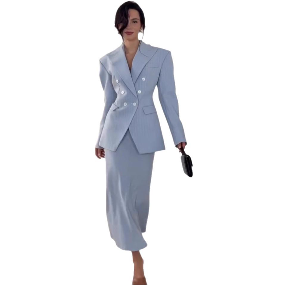 European & American Double-Breasted Slim Fit Women's Skirt Suit - Elegant Commuting Style