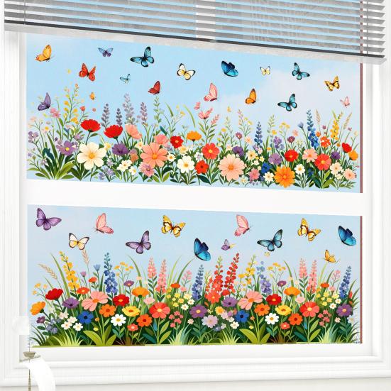 Yousheng Colorful Flower Butterfly Window Cling, Waterproof PVC Static Glass Sticker, Removable No Adhesive Window Sticker for Home Bedroom Kitchen