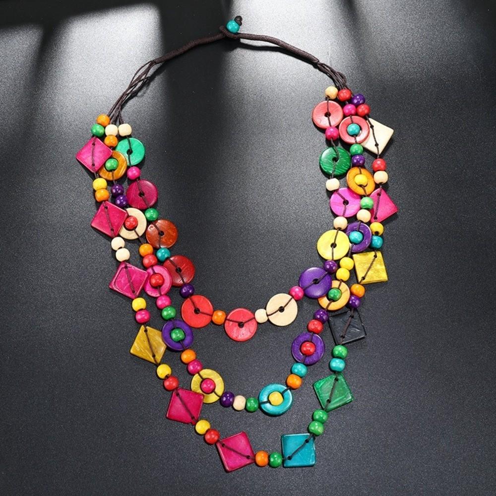 Rétro Bohème Statement Multi-couches Long Collier Plastron Perles Bois Coloré Fait Main Choker