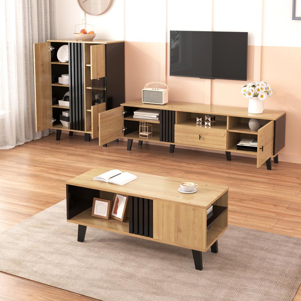 Side Cabinets, Sideboard, Display Cabinets with Glass and LED Lighting. Black and Wood Colors, Black Wood Strip Design [OLD SKU:WF313229230SAA]