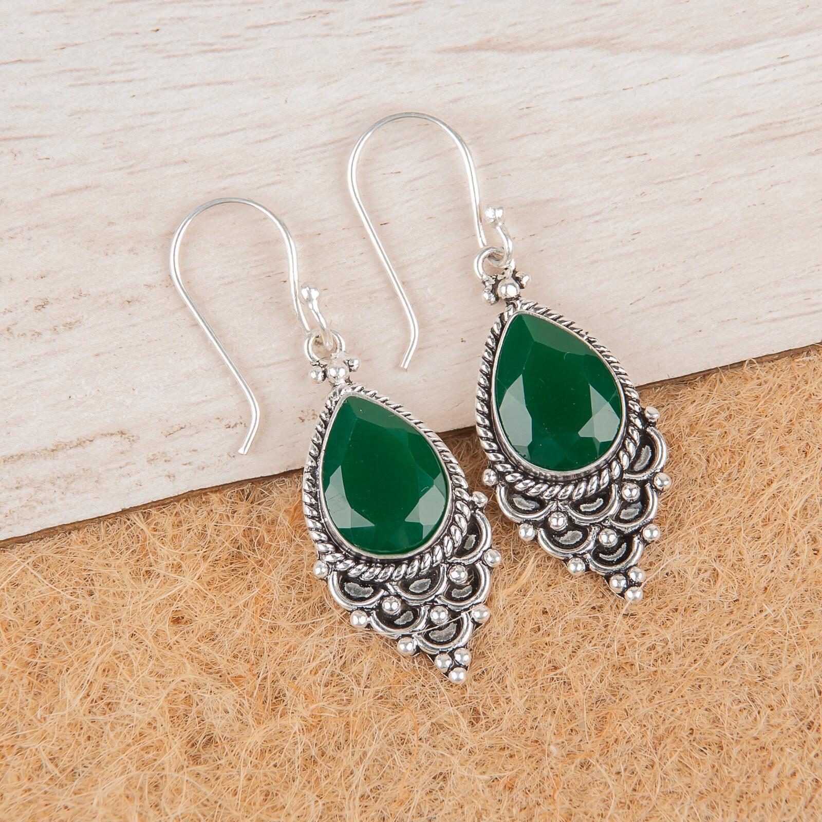 

Green Onyx Gemstone 925 Sterling Silver Jewelry Handmade Wedding Earrings 1.9 EE-85-16