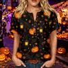 Women's Halloween Print Henley Neck Short Sleeve Linen Blend Shirt with Chest Pocket Casual Button Down Top for Fall Seasonal Wear